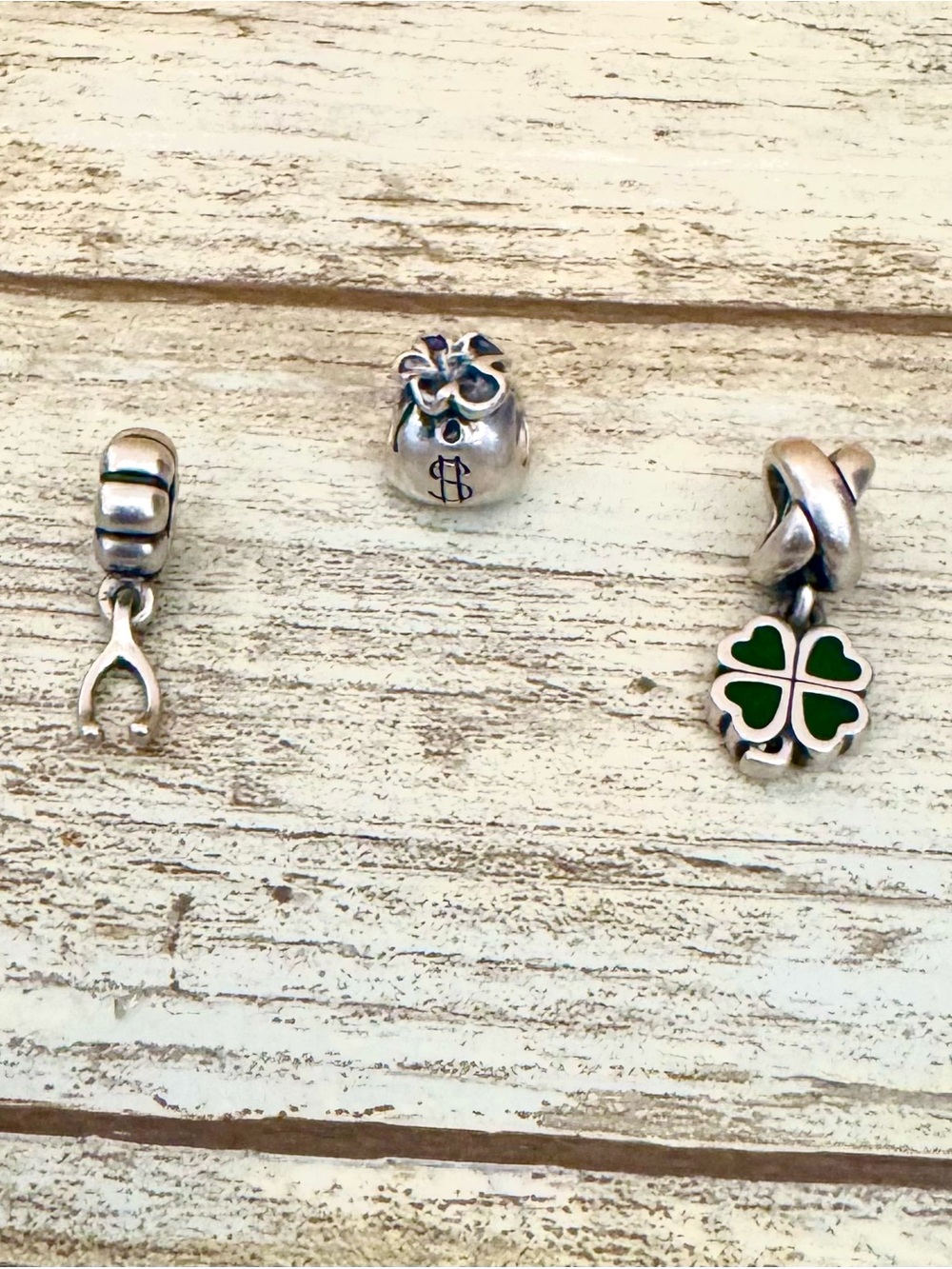 Pandora Silver Charms with Green Enamel Four-Leaf Clover , Wish Bone& Money Bag